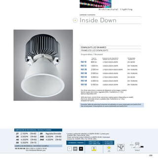 23
ACABADOS/ FINISHES
DIRECCION LUZ/
LIGHT DIRECTION
TECNOLOGÍA/
TECHNOLOGY
Luminarias/Luminaires
Inside Down
DOWNLIGHTS LED SIN MARCO
FRAMELESS LED DOWNLIGHTS
Empotrables / Recessed
ISD 10	 800 lm	 2.700/3.000/4.000ºK	 CRI 80/90
ISD 12	 1.500 lm	 3.000/4.000/5.000ºK	 CRI 70/80/90
ISD 35	 2.000 lm	 2.700/3.000/4.000/5.000ºK	 CRI 70/80/90
ISD 38	 2.500 lm	 3.000/4.000/5.000ºK	 CRI 70/80/90
ISD 45	 3.000 lm	 2.700/3.000/4.000ºK	 CRI 80/90
ISD 48	 4.000 lm	 3.000/4.000/5.000ºK	 CRI 70/80/90
ISD 50	 5.500 lm	 3.000/4.000/5.000ºK	 CRI 70/80/90
CRI Disponibles
Available CRI
Temperatura color disponible ºK
Available color temperature ºK
Con driver electrónico y sistema de disipación activa (según modelo).
Opción equipo electrónico regulable (DALI, PushDimm o 1-10v)
Ópticas disponibles 60º.
With electronic control driver and active cooling system (depending on model).
Electronic dimmable drivers available (Dali, PushDimm or 1-10v).
Available 60º optics.
*Lumens y potencias referidos a 4.000ºK CRI 80 / Lumens para
3.000ºK -8% / Para CRI 90 -25%
Power and lumen output refered to 4.000ºK CRI 80 / Estimated
lumens for 3.000ºK -8% / For CRI 90 -25%.
COMPOSICIÓN DE REFERENCIAS / REFENCE PLANNING
.27 2.700ºK CRI80
.30 3.000ºK CRI80
.40 4.000ºK CRI80
.50 5.000ºK CRI70
.ER  Regulable/Dimmable
.930 3.000ºK CRI90
.940 4.000ºK CRI90
EJEMPLO DE REFERENCIA/ REFERENCE EXAMPLE:
ISD 35.930 GM:18W 2.000 lm 3.000º K CRI 90
Gris metalizado/Metallic grey
B NGM
Flujo luz
Light ouput
127mm
Ø100mm
127mm
Ø100mm93 mmCOB
ZHAGA
Consultar tabla de potencias/consumos actualizados en www.castanweb.com/watts.html
See actual power consumptions on www.castanweb.com/watts.html
 