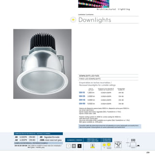 29
ACABADOS/ FINISHES
DIRECCION LUZ/
LIGHT DIRECTION
TECNOLOGÍA/
TECHNOLOGY
B NGM
Luminarias/Luminaires
Downlights
DOWNLIGHTS LED FIJOS
FIXED LED DOWNLIGHTS
Empotrables en techos recortables / 
Recessed downlights for cuttable ceilings
DXH 10	 1.200 lm	 3.000/4.000ºK	 CRI 80
DXH 35	 2.000 lm	 3.000/4.000ºK	 CRI 80
DXH 45	 3.000 lm	 3.000/4.000ºK	 CRI 80
DXH 90	 9.500 lm	 3.000/4.000ºK	 CRI 80
CRI Disponibles
Available CRI
Temperatura color disponible ºK
Available color temperature ºK
Sistema de disipación pasiva hasta 3000 lm, disipación activa para 9500 lm.
Con driver electrónico.
Opción equipo electrónico regulable (DALI, PushDimm o 1-10v).
Opción cristal mate .CEM.
Passive cooling system to 3000 lm, active cooling for 9500 lm.
With electronic control gear.
Electronic dimmable driver available as an option (Dali, PushDimm or 1-10v).
Matt glass available as .CEM option.
COMPOSICIÓN DE REFERENCIAS / REFENCE PLANNING
.30 3.000ºK CRI80
.40 4.000ºK CRI80
.ER Regulable/Dimmable
.CEMcristal mate/matt glass
EJEMPLO DE REFERENCIA/ REFERENCE EXAMPLE:
DXH 35.30 CEM GM:17W 2.000 lm 3.000º K Cristal mate Gris metalizado /
Matt glass - metallic grey.
Flujo luz
Light ouput
COB DLM REMOTE
PHOSPHOR
195 mm
240mm
Ø220mm
240mm
Ø220mm
240mm
Ø220mm
Consultar tabla de potencias/consumos actualizados en www.castanweb.com/watts.html
See actual power consumptions on www.castanweb.com/watts.html
 
