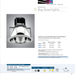 31
ACABADOS/ FINISHES
DIRECCION LUZ/
LIGHT DIRECTION
TECNOLOGÍA/
TECHNOLOGY
B NGM
Luminarias/Luminaires
Big Downlights
DOWNLIGHTS LED DE GRAN FORMATO PARA TECHOS RECORTABLES
BIG SIZE LED DOWNLIGHTS FOR CUTTABLE CEILINGS
Empotrables / Recessed
DXM 35	 2.000 lm	 3.000/4.000ºK	 CRI 80
DXM 45	 3.000 lm	 3.000/4.000ºK	 CRI 80
DXM 90	 9.500 lm	 3.000/4.000ºK	 CRI 80
CRI Disponibles
Available CRI
Temperatura color disponible ºK
Available color temperature ºK
Sistema de disipación pasiva hasta 3000 lm, disipación activa para 9500 lm.
Con driver electrónico.
Opción equipo electrónico regulable (DALI, PushDimm o 1-10v).
Passive cooling system to 3000 lm, active cooling for 9500 lm.
With electronic control gear.
Electronic dimmable driver available as an option (Dali, PushDimm or 1-10v).
COMPOSICIÓN DE REFERENCIAS / REFENCE PLANNING
.30 3.000ºK CRI80
.40 4.000ºK CRI80
.ER Regulable/Dimmable
EJEMPLO DE REFERENCIA/ REFERENCE EXAMPLE:
DXM 90.30 GM:90W 9.500 lm 3.000º K Gris metalizado /
Metallic grey.
Flujo luz
Light ouput
COB DLM REMOTE
PHOSPHOR
235 mm
250mm
Ø260mm
250mm
Ø260mm
250mm
Ø260mm
Consultar tabla de potencias/consumos actualizados en www.castanweb.com/watts.html
See actual power consumptions on www.castanweb.com/watts.html
 