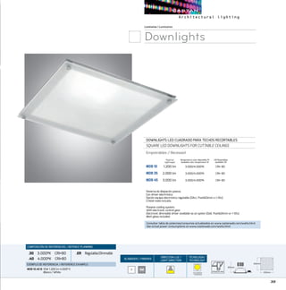 39
ACABADOS/ FINISHES
DIRECCION LUZ/
LIGHT DIRECTION
TECNOLOGÍA/
TECHNOLOGY
B GM
Luminarias/Luminaires
Downlights
DOWNLIGHTS LED CUADRADO PARA TECHOS RECORTABLES
SQUARE LED DOWNLIGHTS FOR CUTTABLE CEILINGS
Empotrables / Recessed
MDB 10	 1.200 lm	 3.000/4.000ºK	 CRI 80
MDB 35	 2.000 lm	 3.000/4.000ºK	 CRI 80
MDB 45	 3.000 lm	 3.000/4.000ºK	 CRI 80
CRI Disponibles
Available CRI
Temperatura color disponible ºK
Available color temperature ºK
Sistema de disipación pasiva.
Con driver electrónico.
Opción equipo electrónico regulable (DALI, PushDimm o 1-10v).
Cristal mate incluido.
Passive cooling system.
With electronic control gear.
Electronic dimmable driver available as an option (Dali, PushDimm or 1-10v).
Matt glass included.
COMPOSICIÓN DE REFERENCIAS / REFENCE PLANNING
.30 3.000ºK CRI80
.40 4.000ºK CRI80
.ER Regulable/Dimmable
EJEMPLO DE REFERENCIA/ REFERENCE EXAMPLE:
MDB 10.40 B:10W 1.200 lm 4.000º K
Blanco / White.
Flujo luz
Light ouput
DLM REMOTE
PHOSPHOR
215x215 mm
255mm
255mm
200mm
255mm
255mm
200mm
255mm
255mm
200mm
Consultar tabla de potencias/consumos actualizados en www.castanweb.com/watts.html
See actual power consumptions on www.castanweb.com/watts.html
 