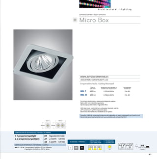 41
ACABADOS/ FINISHES
DIRECCION LUZ/
LIGHT DIRECTION
TECNOLOGÍA/
TECHNOLOGY
Luminariascuadradas/Square luminaires
Micro Box
DOWNLIGHTS LED ORIENTABLES
ADJUSTABLES DOWNLIGHT LED
Empotrables techo / Ceiling Recessed
MBL 7	 450 lm	 2.700/4.000ºK	 CRI 80
MBL 10	 600 lm	 2.700/4.000ºK	 CRI 80
CRI Disponibles
Available CRI
Temperatura color disponible ºK
Available color temperature ºK
Con driver electrónico y sistema de disipación pasiva.
Óptica 24º con cristal transparente.
Opción equipo electrónico regulable DALI.
With electronic control driver and pasive heatsink built-in.
24º round louvre with transparent glass.
Electronic dimmable DALI available as an option.
B NGM
COMPOSICIÓN DE REFERENCIAS / REFENCE PLANNING
1. 1 proyector/spotlight
2. 2 proyectores/spotlights
.ER  Regulable/Dimmable
.27  2.700ºK CRI80
.40 4.000ºK CRI80
EJEMPLO DE REFERENCIA/ REFERENCE EXAMPLE:
MBL 2.7.27 B:2 proyectores 2x450lm 2.700º K Blanco
2 spotlights 2x450lm 2.700ª K White
Flujo luz
Light ouput
COB
93x93 mm 168x93 mm
105mm
105mm 105mm
180mm
75mm
105mm
105mm
105mm 105mm
180mm
75mm
105mm
105mm
105mm 105mm
180mm
75mm
105mm
105mm
105mm 105mm
180mm
75mm
105mm
Consultar tabla de potencias/consumos actualizados en www.castanweb.com/watts.html
See actual power consumptions on www.castanweb.com/watts.html
 