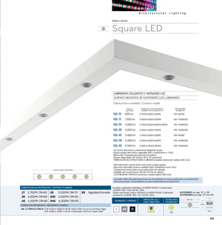 69
ACABADOS/ FINISHES
DIRECCION LUZ/
LIGHT DIRECTION
TECNOLOGÍA/
TECHNOLOGY
B NGM
Sistema/System
Square LED
LUMINARIAS COLGANTES Y ADOSADAS LED
SURFACE MOUNTED OR SUSPENDED LED LUMINAIRES
Fabricación a medida / Custom made
SQL 10	 800 lm	 2.700/3.000/4.000ºK	 CRI 80/90
SQL 12	 1.500 lm	 3.000/4.000/5.000ºK	 CRI 70/80/90
SQL 35	 2.000 lm	 2.700/3.000/4.000/5.000ºK	 CRI 70/80/90
SQL 38	 2.500 lm	 3.000/4.000/5.000ºK	 CRI 70/80/90
SQL 45	 3.000 lm	 2.700/3.000/4.000ºK	 CRI 80/90
SQL 48	 4.000 lm	 3.000/4.000/5.000ºK	 CRI 70/80/90
SQL 50	 5.500 lm	 3.000/4.000/5.000ºK	 CRI 70/80/90
CRI Disponibles
Available CRI
Temperatura color disponible ºK
Available color temperature ºK
Con driver electrónico y sistema de disipación activa.
Opción equipo electrónico regulable (DALI, PushDimm y 1-10v).
Metacrilato transparente opcional (consultar).
Ópticas disponibles 45º (serie), 25º y 12º (opcional).
FABRICACIÓN DE ESTRUCTURAS A MEDIDA (medida mínima del módulo 400 mm).
With electronic control driver and active cooling system.
Electronic dimmable drivers available (Dali, PushDimm and 1-10v).
Transparent metacrylate as an option (ask dor details).
Available 45º round louvre, 25º and 12º (as an option).
CUSTOM MADE PROFILES (minimum module leghth 400 mm).
COMPOSICIÓN DE REFERENCIAS / REFENCE PLANNING
.27  2.700ºK CRI80
.30  3.000ºK CRI80
.40  4.000ºK CRI80
.50  5.000ºK CRI70
.930  3.000ºK CRI90
.940  4.000ºK CRI90
.ER  Regulable/Dimmable
EJEMPLO DE REFERENCIA/ REFERENCE EXAMPLE:
SQL 27.930/5/2.000 N:27W 3.000 lm 3000º K CRI 90. Perfil 2.000 mm con 5 luminarias. Negro
27W 3.000 lm 3000º K CRI 90. Profile length 2.000 mm 5 spots. Black
*Lumens y potencias referidos a 4.000ºK CRI 80 / Lumens para
3.000ºK -8% / Para CRI 90 -25%
Power and lumen output refered to 4.000ºK CRI 80 / Estimated
lumens for 3.000ºK -8% / For CRI 90 -25%.
Flujo luz
Light ouput
400 mm
Longitud a medida / Custom length
110mm
110mm
400 mm
Longitud a medida / Custom length
110mm
110mm
400 mm
Longitud a medida / Custom length
110mm
110mm
400 mm
Longitud a medida / Custom length
110mm
110mm
COB
ZHAGA
Consultar tabla de potencias/consumos actualizados en www.castanweb.com/watts.html
See actual power consumptions on www.castanweb.com/watts.html
ACCESORIOS ver pág. 127 y 128
ACCESSORIES see page 127 and 128
 