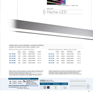 71
ACABADOS/ FINISHES
DIRECCION LUZ/
LIGHT DIRECTION
TECNOLOGÍA/
TECHNOLOGY
Sistema/System
Módulos LED de luz continua de suspensión. Luz directa e indirecta. Fabricados en perfil
de aluminio. Difusor de metacrilato Opal. Vida útil de 50.000 horas con alto flujo de
emisión de luz. Índice de reproducción cromática cri80.
Drivers electrónicos incorporados y doble encendido independiente (luz directa/indirecta).
Excepto módulos 585 mm. Disponible en versión regulable 1-10v, DALI y pulsador.
Pendant mounted aluminium LED modules. Opal metacrylate diffuser. Long life LED
technology 50.000 hours and high lumen output Rendering colour index cri80.
Electronic driver built-in and separate ON/OFF control (direct /indirect light).
Except 585mm modules. Available dimmable drivers in 1-10v, DALI and touchdimm.
Hache LED
SISTEMA LINEAL LED DE SUSPENSIÓN - LUZ DIRECTA E INDIRECTA
PENDANT LED LINEAR SYSTEM - DIRECT  INDIRECT LIGHT
Módulos de alta potencia / High power modules
HAL 25 3RH	 25W 3.300lm 3.000/4.000ºK	 	 585 mm
HAL 40 3RH	 40W 5.500lm 3.000/4.000ºK	 	 875 mm
HAL 60 3RH	 60W 7.700lm 3.000/4.000ºK	 	 1.165 mm
HAL 75 3RH	 75W 9.900lm 3.000/4.000ºK	 	 1.455 mm
HAL 90 3RH	 90W 12.100lm 3.000/4.000ºK	 	 1.745 mm
Módulos de media potencia / Medium power modules
HAL 15 3R	 15W 1.950lm 3.000/4.000ºK	 	 585 mm
HAL 25 3R	 25W 3.250lm 3.000/4.000ºK	 	 875 mm
HAL 35 3R	 35W 4.550lm 3.000/4.000ºK	 	 1.165 mm
HAL 45 3R	 45W 5.850lm 3.000/4.000ºK	 	 1.455 mm
HAL 55 3R	 55W 7.150lm 3.000/4.000ºK	 	 1.745 mm
L - Longitud
L - Length
L - Longitud
L - Length
Flujo luz
Light ouput
Flujo luz
Light ouput
Consumo
Consumption
Consumo
Consumption
Temperatura color
Colour temperature
Temperatura color
Colour temperature
B NGM
COMPOSICIÓN DE REFERENCIAS / REFENCE PLANNING
.30 3.000ºK CRI80
.40 4.000ºK CRI80
.ER  regulable/dimmable 1-10
.ERDAregulable DALI y
pulsador / dimmable
DALI and touch  dimm
EJEMPLO DE REFERENCIA/ REFERENCE EXAMPLE:
HAL 40.40 3RH GM: 40W 4.400 lm 4.000º K
Gris metalizado / Metallic grey
THREE ROWS
LINEAR MATRIX
ACCESORIOS ver pág. 127 y 128
ACCESSORIES see page 127 and 128
L
132mm
72mm
L
L
132mm
72mm
L
L
132mm
72mm
L
L
132mm
72mm
L
 