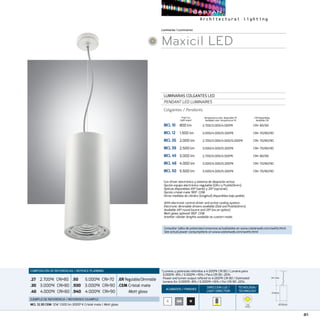 81
ACABADOS/ FINISHES
DIRECCION LUZ/
LIGHT DIRECTION
TECNOLOGÍA/
TECHNOLOGY
Luminarias/Luminaires
Maxicil LED
LUMINARIAS COLGANTES LED
PENDANT LED LUMINAIRES
Colgantes / Pendants
MCL 10	 800 lm	 2.700/3.000/4.000ºK	 CRI 80/90
MCL 12	 1.500 lm	 3.000/4.000/5.000ºK	 CRI 70/80/90
MCL 35	 2.000 lm	 2.700/3.000/4.000/5.000ºK	 CRI 70/80/90
MCL 38	 2.500 lm	 3.000/4.000/5.000ºK	 CRI 70/80/90
MCL 45	 3.000 lm	 2.700/3.000/4.000ºK	 CRI 80/90
MCL 48	 4.000 lm	 3.000/4.000/5.000ºK	 CRI 70/80/90
MCL 50	 5.500 lm	 3.000/4.000/5.000ºK	 CRI 70/80/90
CRI Disponibles
Available CRI
Temperatura color disponible ºK
Available color temperature ºK
B NGM
COMPOSICIÓN DE REFERENCIAS / REFENCE PLANNING
.27  2.700ºK CRI80
.30  3.000ºK CRI80
.40  4.000ºK CRI80
.50  5.000ºK CRI70
.930  3.000ºK CRI90
.940  4.000ºK CRI90
.ERRegulable/Dimmable
.CEM Cristal mate
Matt glass
EJEMPLO DE REFERENCIA/ REFERENCE EXAMPLE:
MCL 12.30 CEM:12W 1.500 lm 3000º K Cristal mate / Matt glass
Con driver electrónico y sistema de disipación activa.
Opción equipo electrónico regulable (DALI y PushDimm).
Ópticas disponibles 45º (serie) y 25º (opcional).
Opción cristal mate 180º .CEM.
Otras medidas de cilindro (longitud) disponibles bajo pedido.
With electronic control driver and active cooling system.
Electronic dimmable drivers available (Dali and PushDimm).
Available 45º round louvre and 25º (as an option).
Matt glass optional 180º .CEM.
Another cilinder lengths available as custom made.
Flujo luz
Light ouput
270mm
2m max
Ø120mm
270mm
2m max
Ø120mm
COB
ZHAGA
Consultar tabla de potencias/consumos actualizados en www.castanweb.com/watts.html
See actual power consumptions on www.castanweb.com/watts.html
*Lumens y potencias referidos a 4.000ºK CRI 80 / Lumens para
3.000ºK -8% / 5.000ºK +15% / Para CRI 90 -25%
Power and lumen output refered to 4.000ºK CRI 80 / Estimated
lumens for 3.000ºK -8% / 5.000ºK +15% / For CRI 90 -25%.
 