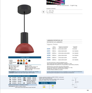 83
DIRECCION LUZ/
LIGHT DIRECTION
TECNOLOGÍA/
TECHNOLOGY
Luminarias/Luminaires
L02
LUMINARIAS DECORATIVAS LED
DECORATIVE LED LUMINARIES
Colgantes / Pendant
L02 10	 800 lm	 2.700/3.000/4.000ºK	 CRI 80/90
L02 12	 1.500 lm	 3.000/4.000/5.000ºK	 CRI 70/80/90
L02 35 	 2.000 lm	 2.700/3.000/4.000/5.000ºK	 CRI 70/80/90
L02 38	 2.500 lm	 3.000/4.000/5.000ºK	 CRI 70/80/90
L02 45	 3.000 lm	 2.700/3.000/4.000ºK	 CRI 80/90
L02 48	 4.000 lm 	 3.000/4.000/5.000ºK	 CRI 70/80/90
CRI Disponibles
Available CRI
Temperatura color disponible ºK
Available color temperature ºK
Con driver electrónico y sistema de disipación activa.
Opción equipo electrónico regulable (DALI, PushDimm o 1-10v).
Ópticas disponibles 45º (serie), 25º y 12º (opcionales) / opción difusor prismático.
With electronic control driver and active cooling system.
Electronic dimmable drivers available (Dali, PushDimm or 1-10v).
Available 45º round louvre, 25º and 12º (as an option).
Prismatic diffuser available as an option.
Flujo luz
Light ouput
COMPOSICIÓN DE REFERENCIAS / REFENCE PLANNING
.27 2.700ºK CRI80
.30 3.000ºK CRI80
.40 4.000ºK CRI80
.50 5.000ºK CRI70
.930 3.000ºK CRI90
.940 4.000ºK CRI90
.DPM Difusor prismático /
Prismatic diffuser
.ER Regulable / Dimmable
EJEMPLO DE REFERENCIA/ REFERENCE EXAMPLE:
L02 35.940 CO:2.000 lm 4.000º K CRI90
Cobre natural-cuerpo negro/Natural cooper-body black
*Lumens y potencias referidos a 4.000º K CRI 80 / Lumens para
3.000º K -8% / Para CRI 90 -25%
Power and lumen output refered to 4.000ºK CRI 80 / Estimated
lumens for 3.000º K -8% / For CRI 90 -25%.
COB
ZHAGA
CO: Cobre natural / Copper
LA: Latón / Yellow brass
OR: Dorado / Gold
BM: Blanco mate /
Matt white (Ral 9016)
N: Negro / Black
MOX: Marrón óxido / Brown rust
V: Verde / Green (Ral 6005)
GM: Gris metalizado / Grey metallized
BU: Burdeos / Red
Personalizado: Bajo demanda se pueden pintar en cualquier color. Consultar.
Customized: Available in any colour under request. Aks for details.
CO
V
LA
GM
OR
BU
BM N
MOX
ACABADOS/ FINISHES
CUERPO
Y BASE /
CEILING SUPORT
 BODY
Consultar tabla de potencias/consumos actualizados en www.castanweb.com/watts.html
See actual power consumptions on www.castanweb.com/watts.html
Ø230mm
245mm
Ø95mm
2m max
Ø230mm
245mm
Ø95mm
2m max
 