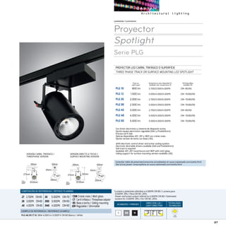 97
ACABADOS/ FINISHES
DIRECCION LUZ/
LIGHT DIRECTION
TECNOLOGÍA/
TECHNOLOGY
Luminarias/Luminaires
Proyector
Spotlight
Serie PLG
PROYECTOR LED CARRIL TRIFÁSICO O SUPERFÍCIE
THREE PHASE TRACK OR SURFACE MOUNTING LED SPOTLIGHT
PLG 10	 800 lm	 2.700/3.000/4.000ºK	 CRI 80/90
PLG 12	 1.500 lm	 3.000/4.000/5.000ºK	 CRI 70/80/90
PLG 35	 2.000 lm	 2.700/3.000/5.000ºK	 CRI 70/80/90
PLG 38	 2.500 lm	 3.000/4.000/5.000ºK	 CRI 70/80/90
PLG 45	 3.000 lm	 2.700/3.000/4.000ºK	 CRI 80/90
PLG 48	 4.000 lm	 3.000/4.000/5.000ºK	 CRI 70/80/90
PLG 50	 5.000 lm	 3.000/4.000/5.000ºK	 CRI 70/80/90
CRI Disponibles
Available CRI
Temperatura color disponible ºK
Available color temperature ºK
Con driver electrónico y sistema de disipación activa.
Opción equipo electrónico regulable (DALI y PushDimm).
Precisa carril Dali.
Ópticas disponibles 45º, 25º y 180º con cristal mate.
Opción versión de techo con base (.BS).
With electronic control driver and active cooling system.
Electronic dimmable drivers available (Dali and PushDimm).
Dali track is required.
Available 45º, 25º round louvre and 180º with matt glass.
Ceiling support for surface mounting version available (.BS).
B NGM
Flujo luz
Light ouput
180º
40mm
190mm 100mm
Ø120mm
200mm
275mm
180º
350º
350º
40mm
190mm 100mm
Ø120mm
200mm
275mm 335mm
180º
40mm
190mm 100mm
Ø120mm
200mm
275mm
180º
350º
350º
40mm
190mm 100mm
Ø120mm
200mm
275mm 335mm
COMPOSICIÓN DE REFERENCIAS / REFENCE PLANNING
.27 2.700ºK CRI80
.30 3.000ºK CRI80
.40 4.000ºK CRI80
.50  5.000ºK CRI70
.930 3.000ºK CRI90
.940 4.000ºK CRI90
· CEM Cristal mate / Matt glass
· CT Carril trifásico / Threephase adapter
· BS Base a techo / Ceiling mounting
.ERRegulable / Dimmable
EJEMPLO DE REFERENCIA/ REFERENCE EXAMPLE:
PLG 48.30 CT B:38W 4.000 lm 3.000º K CRI 80 Blanco / White COB
ZHAGA
Consultar tabla de potencias/consumos actualizados en www.castanweb.com/watts.html
See actual power consumptions on www.castanweb.com/watts.html
VERSIÓN CARRIL TRIFÁSICO/
THREEPHASE VERSION
VERSIÓN DIRECTO A TECHO/
SURFACE MOUNTING VERSION
*Lumens y potencias referidos a 4.000ºK CRI 80 / Lumens para
3.000ºK -8% / Para CRI 90 -25%
Power and lumen output refered to 4.000ºK CRI 80 / Estimated
lumens for 3.000ºK -8% / For CRI 90 -25%.
 