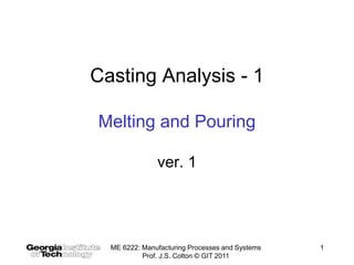 Casting Analysis - 1

Melting and Pouring

               ver. 1




  ME 6222: Manufacturing Processes and Systems   1
           Prof. J.S. Colton © GIT 2011
 