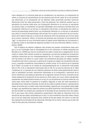 155
COMPOSICIÓN Y ESTRUCTURA DE REDES PERSONALES EN ENTORNOS DE APRENDIZAJE PERSONALES
viene reflejada en un momento dado por su composición y su estructura. La composición se
refiere al conjunto de características de las personas que forman parte de la red personal.
Las diferencias en la composición de las distintas redes personales permiten aventurar
diferencias entre las redes personales y entre las personas. Así, podemos suponer que un
estudiante con buenas notas tiene una composición diferente en su red que un estudiante
con peores notas; un estudiante con grandes habilidades comunicativas o sociales tiene una
composición diferente en su red que un estudiante más tímido; un estudiante que utiliza un
entorno de aprendizaje abierto tiene una composición diferente en su red que un estudiante
que utiliza un entorno de aprendizaje más cerrado. Por su parte, la estructura de una red per-
sonal viene determinada por el conjunto de relaciones entre las personas que forman parte
de la misma. Llamamos “alters” al conjunto de personas que componen la red personal del
“ego”. La estructura es muy informativa sobre el capital social disponible de una persona y,
en general, sobre la diversidad de espacios sociales en los que interactúa (Molina, Lerner, y
Gómez, 2008).
Con el objetivo de obtener imágenes más simples que puedan interpretarse mejor pero
que a la vez mantengan toda la complejidad de la red, utilizamos el método propuesto por
Brandes et al. (2008) que resume visualmente las redes a través de la categorización de sus
nodos en clases. Este método consiste en representar una serie de variables de composición
mediante variaciones de una metarepresentación fija. En nuestro caso, la metarepresenta-
ción fija divide a los alters en cuatro clases: los compañeros del grupo de trabajo, aquellos
compañeros del mismo curso que no pertenecen al grupo de trabajo, los compañeros del otro
curso, y aquellos compañeros matriculados en ambos cursos. En la columna de la izquierda
de la Tabla 1 se puede ver el modelo de metarepresentación de un estudiante matriculado
sólo en HR, el de un estudiante matriculado sólo en RS. En la columna derecha de la Tabla
1 podemos ver un ejemplo de una instancia particular de dicha meta-representación para el
caso un estudiante concreto. Variaciones individuales en la composición y estructura de la
red en referencia a las clases se describen de la siguiente manera. Primero, el tamaño de los
nodos representa la proporción de los actores en dicha clase, por lo que nodos más grandes
representan las clases predominantes en la red. Si una red personal no contuvo alters de una
cierta clase, dicha clase no aparece en el gráfico. Segundo, el color del nodo representa la
densidad de las relaciones intraclase. El color de los nodos va desde el blanco, representando
clases de actores que no están nada interconectados, pasando por tonos grises hasta llegar
al negro, que representa las clases de actores que están totalmente interconectados. El peso
del lazo también es variable para representar la densidad de las relaciones entre dos clases.
Por lo que lazos más anchos representan proporciones más altas de relaciones entre los
actores de las dos clases conectadas por el lazo. Un lazo inexistente entre dos clases implica
que no se han observado relaciones entre actores de las dos clases. Por último, el color del
lazo representa la densidad de las relaciones interclase de la misma manera que el color del
nodo lo hace para las conexiones intralazo.
 