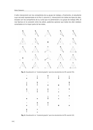158
Oskar Casquero
4 sólo interaccionó con los compañeros de su grupo de trabajo; y finalmente, el estudiante
cuya red está representada en la fila 4, columna 1, interaccionó con todos los tipos de alter,
excepto con los compañeros de su curso que no pertenecían a su grupo de trabajo (HR). Si
nos fijamos en la conexión entre los alters, podemos apreciar que todos los alter estaban
conectados en la mayor parte de las redes.
Fig. 3. Visualización en “clustered graphs” para los estudiantes de HR usando PLE.
Fig. 4. Visualización en “clustered graphs” para los estudiantes de RS usando VLE.
 
