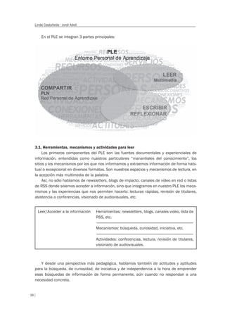 16
Linda Castañeda - Jordi Adell
En el PLE se integran 3 partes principales:
3.1. Herramientas, mecanismos y actividades para leer
Los primeros componentes del PLE son las fuentes documentales y experienciales de
información, entendidas como nuestros particulares “manantiales del conocimiento”, los
sitios y los mecanismos por los que nos informamos y extraemos información de forma habi-
tual o excepcional en diversos formatos. Son nuestros espacios y mecanismos de lectura, en
la acepción más multimedia de la palabra.
Así, no sólo hablamos de newsletters, blogs de impacto, canales de vídeo en red o listas
de RSS donde solemos acceder a información, sino que integramos en nuestro PLE los meca-
nismos y las experiencias que nos permiten hacerlo: lecturas rápidas, revisión de titulares,
asistencia a conferencias, visionado de audiovisuales, etc.
Y desde una perspectiva más pedagógica, hablamos también de actitudes y aptitudes
para la búsqueda, de curiosidad, de iniciativa y de independencia a la hora de emprender
esas búsquedas de información de forma permanente, aún cuando no respondan a una
necesidad concreta.
Leer/Acceder a la información Herramientas: newsletters, blogs, canales video, lista de
RSS, etc.
Mecanismos: búsqueda, curiosidad, iniciativa, etc.
Actividades: conferencias, lectura, revisión de titulares,
visionado de audiovisuales.
 