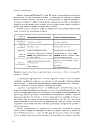 34
Jordi Adell - Linda Castañeda
Williams, Karousou y Mackness (2011, pág. 40) definen el aprendizaje emergente como
el aprendizaje típico de los sistemas complejos, “el aprendizaje que surge de la interacción
entre un número de personas y recursos, en el cuál los aprendices se organizan y determinan
el proceso y en alguna medida los destinos de aprendizaje, ambos son impredecibles. La inte-
racción es en muchos casos auto-organizada, pero sin embargo requiere algunas limitaciones
y estructura. Puede incluir redes virtuales o físicas o ambas.”
Williams, Karousou y Mackness (2011) han elaborado un marco para diferenciar el apren-
dizaje emergente del aprendizaje prescriptivo.
Modos de
aprendizaje
Sistemas de aprendizaje prescriptivo Redes de aprendizaje emergente
Dominios de
aplicación
Predecible, complicado Complejo- adaptativo
Tipos de
conocimiento
Prospectivo, control Retrospectivo coherencia
Organización Jerarquía, control institucional Colaboración. Auto-organización
Modos de
producción
Centralmente pre-determinado para los
usuarios: replicado y distribuido a esca-
la, a coste creciente.
Abierto y distribuido. Creado por los
usuarios. Replicado, distribuido y reela-
borado a coste decreciente
Validación y
auto-corrección
Método científico, objetividad, revisión
por élite de pares
->
Capital intelectual
Apertura, Interacción escala, limitacio-
nes valores
->
Narrativas,
Informes etnográficos.
Tabla 1: Marco para el aprendizaje emergente y ecologías del aprendizaje de Williams, Karousou y Mac-
kness (2011, pág. 43).
El aprendizaje emergente es abierto y flexible, surge en los contextos en los que el cambio
es rápido e impredecible, es decir, en una sociedad como la actual. En los dominios adapta-
tivos-complejos… el aprendizaje apropiado es el auto-organizado y colaborativo. Es abierto y
creado y distribuido en su mayor parte por los propios aprendices.
La cuestión es que tradicionalmente en el ámbito educativo (probablemente porque era
lo que necesitábamos dado el momento social en el que nos encontrábamos), hemos estado
intentado proveer de esquemas prescriptivos propios de contextos simples a la experiencia de
aprendizaje, contextos que se iban complicando en la medida en que miramos a los niveles
educativos superiores. No obstante, el momento actual, con sus necesidades sociales y de
aprendizaje, exige de nosotros planteamientos complejos y en ellos atención a los aprendi-
zajes emergentes, no sólo como parte del aprendizaje que ha de ser valorado, sino como
una práctica interesante en sí misma, en tanto que preparació para aprender a aprender en
sistemas complejos.
Aún así, “la emergencia no es una panacea, es una opción… tiene que ser integrada
dentro de una ecología del aprendizaje inclusiva, de conjunto, junto con el aprendizaje
prescrito”(Williams, Karousou y Mackness, 2011, pág. 45). La validez del conocimiento adqui-
rido en ecologías de aprendizaje abiertas debe ser contrastada con los métodos adecuados
 