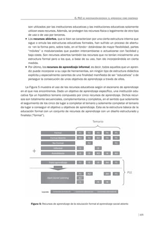 105
EL PLE DE INVESTIGACIÓN-DOCENCIA: EL APRENDIZAJE COMO ENSEÑANZA
son utilizados por las instituciones educativas y las instituciones educativas solamente
utilizan esos recursos. Además, se protegen los recursos física o legalmente de otro tipo
de uso o de uso por terceros.
T Los recursos abiertos, que si bien se caracterizan por una cierta estructura interna que
sigue o emula las estructuras educativas formales, han sufrido un proceso de abertu-
ra –en la forma pero, sobre todo, en el fondo– dotándose de mayor flexibilidad, partes
“móviles” o modularizadas que pueden intercambiarse o actualizarse con facilidad y
bajo coste. Son recursos abiertos también los recursos que no tenían inicialmente una
estructura formal pero a los que, a base de su uso, han ido incorporándola en cierta
medida.
T Por último, los recursos de aprendizaje informal, es decir, todos aquellos que un apren-
diz puede incorporar a su caja de herramientas, sin ningún tipo de estructura didáctica
explícita y especialmente carentes de una finalidad manifiesta de ser “educativos” o de
perseguir la consecución de unos objetivos de aprendizaje a través de ellos.
La Figura 5 muestra el uso de los recursos educativos según el escenario de aprendizaje
en el que nos encontremos. Dado un objetivo de aprendizaje específico, una institución edu-
cativa fija un hipotético temario compuesto por cinco recursos de aprendizaje. Dichos recur-
sos son totalmente secuenciales, complementarios y completos, en el sentido que solamente
el seguimiento de los cinco da lugar a completar el temario y solamente completar el temario
da lugar a conseguir el objetivo u objetivos de aprendizaje. Esta es la estructura básica de la
educación formal con un conjunto de recursos de aprendizaje con un diseño estructurado y
finalista (“formal”).
Figura 5: Recursos de aprendizaje de la educación formal al aprendizaje social abierto
 