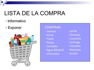 LISTA DE LA COMPRA
COMPRAR:
- Huevos
- Arroz
- Pasta
- Pizzas
- Cereales
- Agua Mineral
- Chocolate
- Leche
- Champú
- Cocacola
- Lechuga
- Tomates
- Naranjas
- Aceite
- Informativo
- Exponer
 