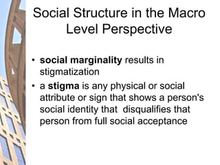 Social Structure in the Macro
Level Perspective
• social marginality results in
stigmatization
• a stigma is any physical or social
attribute or sign that shows a person's
social identity that disqualifies that
person from full social acceptance
 