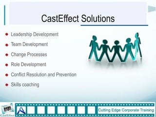 CastEffect Solutions
Leadership Development
Team Development
Change Processes
Role Development
Conflict Resolution and Prevention
Skills coaching
"

                                         12"
 