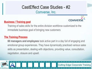CastEffect Case Studies - #2
                               Comverse, Inc.

Business / Training goal
  Training of sales skills for the entire division workforce customized to the
  immediate business goal of bringing new customers

The Training Process
  60 managers and employees took active part in a day full of engaging and
  emotional group experiences. They have dynamically practiced various sales
  skills as presentation, dealing with objections, providing value, consultation,
  negotiation, closure and upsell.



                                                                                    22"
 