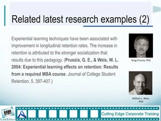 Related latest research examples (2)
Experiential learning techniques have been associated with
improvement in longitudinal retention rates. The increase in
retention is attributed to the stronger socialization that
results due to this pedagogy. (Prussia, G. E., & Weis, W. L.   Greg"Prussia,"PhD

2004: Experiential learning effects on retention: Results
from a required MBA course. Journal of College Student
Retention, 5, 397-407.)


                                                               William"L."Weis,"
                                                                     PhD"



                                                                                   28"
 