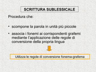 SCRITTURA SUBLESSICALE
Procedura che:
• scompone la parola in unità più piccole
• associa i fonemi ai corrispondenti grafemi
mediante l’applicazione delle regole di
conversione della propria lingua
Utilizza le regole di conversione fonema-grafema
 