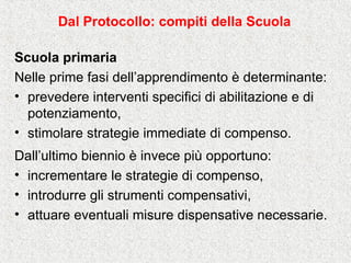 Dal Protocollo: compiti della Scuola
Scuola primaria
Nelle prime fasi dell’apprendimento è determinante:
• prevedere interventi specifici di abilitazione e di
potenziamento,
• stimolare strategie immediate di compenso.
Dall’ultimo biennio è invece più opportuno:
• incrementare le strategie di compenso,
• introdurre gli strumenti compensativi,
• attuare eventuali misure dispensative necessarie.
 