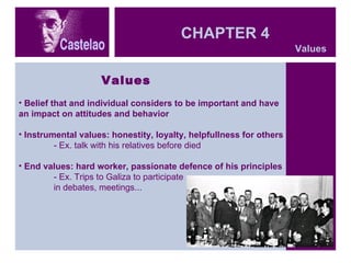 CHAPTER 4 Values Belief that and individual considers to be important and have an impact on attitudes and behavior Instrumental values: honestity, loyalty, helpfullness for others  - Ex. talk with his relatives before died End values: hard worker, passionate defence of his principles - Ex. Trips to Galiza to participate in debates, meetings... Values 