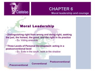 Moral Leadership Distinguishing right from wrong and doing right, seeking  the just, the honest, the good, and the right in its practice - Ex. Voting anecdote Three Levels of Personal Development: acting in a postconventional level - Ex. Exile in the south, work in the shadow CHAPTER 6 Conventional Postconventional Preconventional Moral leadership and courage  