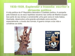 1930-1939. Esplendor e traxedia:
escritor e dirixente político
A vida política da IIª República descobre o Castelao político. A campaña
polo Estatuto ou os seus repetidos escanos nas cortes de Madrid ocupan
boa parte do seu tempo e constrúenlle unha gran sona en toda Galiza.
Asemade, desenvolve unha grande actividade como escritor,
especialmente, a través dos xornais. A guerra rompe a súa vida e
condénao ao exilio.
CONTOS DE
CASTELAO
1930-1939. Esplendor e traxedia: escritor e
dirixente político
 