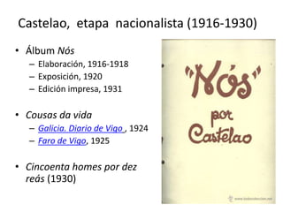 Castelao, etapa nacionalista (1916-1930)
• Álbum Nós
– Elaboración, 1916-1918
– Exposición, 1920
– Edición impresa, 1931
• Cousas da vida
– Galicia. Diario de Vigo , 1924
– Faro de Vigo, 1925
• Cincoenta homes por dez
reás (1930)
 