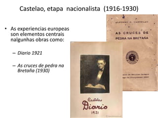 Castelao, etapa nacionalista (1916-1930)
• As experiencias europeas
son elementos centrais
nalgunhas obras como:
– Diario 1921
– As cruces de pedra na
Bretaña (1930)
 