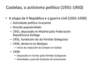 Castelao, o activismo político (1931-1950)
• A etapa da II República e a guerra civil (1931-1939)
– Actividade política incesante
– Grande popularidade
– 1931, deputado en Madrid pola Federación
Republicana Gallega
– 1931, fundación do do Partido Galeguista
– 1934, desterro en Badajoz
• Inicio da redacción do Sempre en Galiza
– 1936:
• Deputado en Cortes polo Partido Galeguista
• Actividade a prol do Estatuto de Autonomía
 