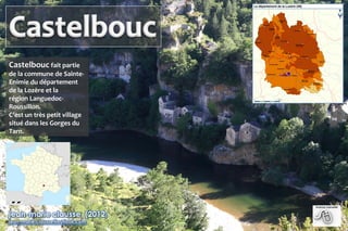 Castelbouc fait partie
de la commune de Sainte-
Enimie du département
de la Lozère et la
région Languedoc-
Roussillon.
C’est un très petit village
situé dans les Gorges du
Tarn.
 