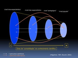 nível intra-especialístico

nível inter-especialístico

nível “pedagógico”

-

“nível popular”

+
Grau de “consolidação” do conhecimento cientifico

= percursos canônicos
= percursos alternativos

(Hilgartner, 1991; Bucchi. 2002)

 