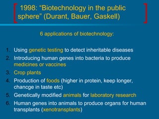1998: “Biotechnology in the public
sphere” (Durant, Bauer, Gaskell)
6 applications of biotechnology:

1. Using genetic testing to detect inheritable diseases
2. Introducing human genes into bacteria to produce
medicines or vaccines
3. Crop plants

4. Production of foods (higher in protein, keep longer,
chancge in taste etc)
5. Genetically modified animals for laboratory research

6. Human genes into animals to produce organs for human
transplants (xenotransplants)

 