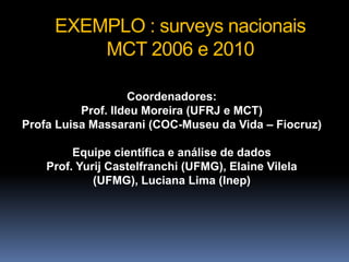 EXEMPLO : surveys nacionais
MCT 2006 e 2010
Coordenadores:
Prof. Ildeu Moreira (UFRJ e MCT)
Profa Luisa Massarani (COC-Museu da Vida – Fiocruz)
Equipe científica e análise de dados
Prof. Yurij Castelfranchi (UFMG), Elaine Vilela
(UFMG), Luciana Lima (Inep)

 