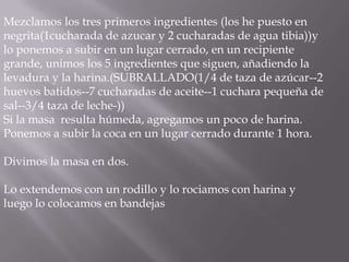 Mezclamos los tres primeros ingredientes (los he puesto en negrita(1cucharada de azucar y 2 cucharadas de agua tibia))y lo ponemos a subir en un lugar cerrado, en un recipiente grande, unimos los 5 ingredientes que siguen, añadiendo la levadura y la harina.(SUBRALLADO(1/4 de taza de azúcar--2 huevos batidos--7 cucharadas de aceite--1 cuchara pequeña de sal--3/4 taza de leche-))Si la masa  resulta húmeda, agregamos un poco de harina. Ponemos a subir la coca en un lugar cerrado durante 1 hora.Divimos la masa en dos.Lo extendemos con un rodillo y lo rociamos con harina y  luego lo colocamos en bandejas