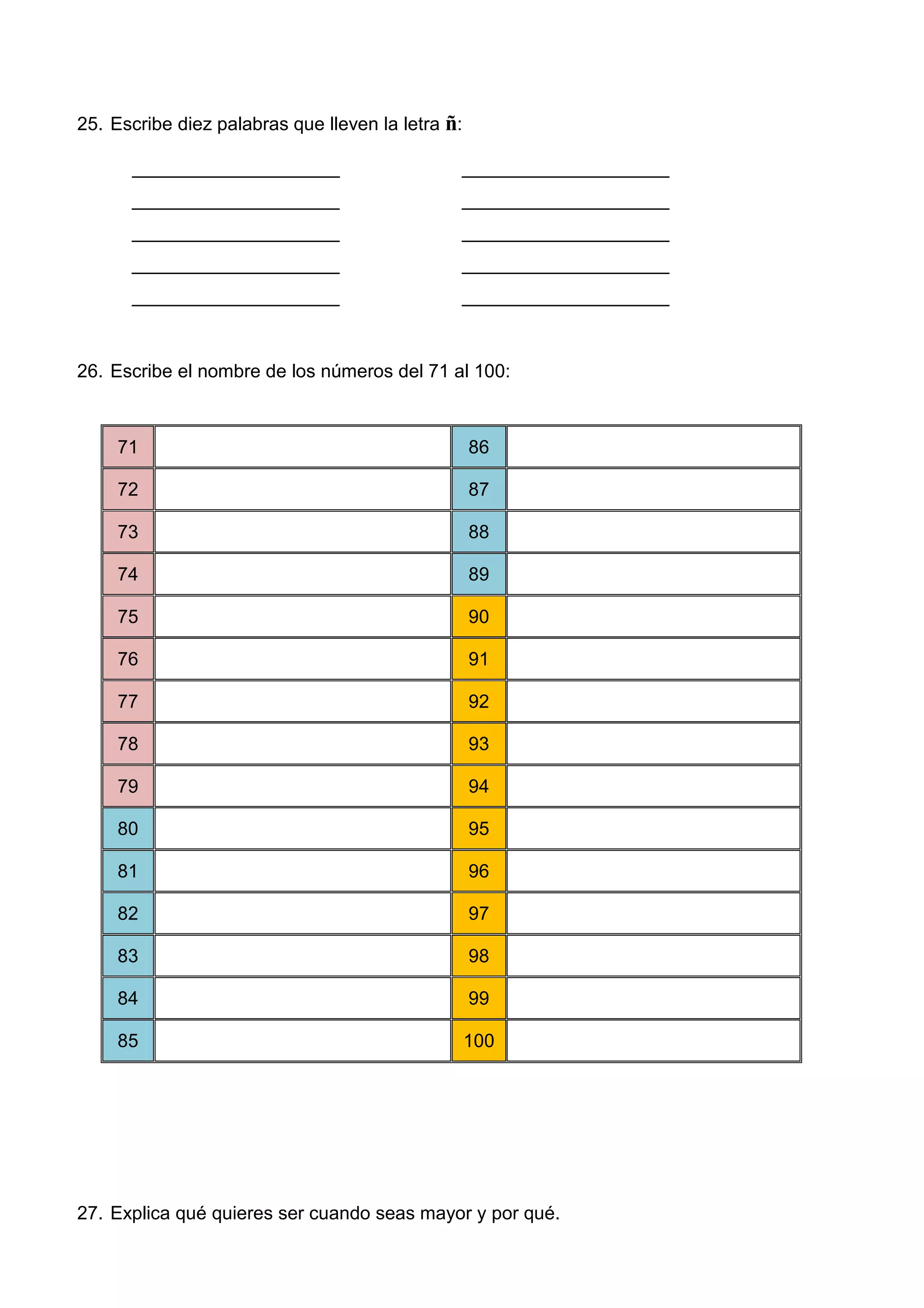25. Escribe diez palabras que lleven la letra ñ:
____________________ ____________________
____________________ ____________________
____________________ ____________________
____________________ ____________________
____________________ ____________________
26. Escribe el nombre de los números del 71 al 100:
71 86
72 87
73 88
74 89
75 90
76 91
77 92
78 93
79 94
80 95
81 96
82 97
83 98
84 99
85 100
27. Explica qué quieres ser cuando seas mayor y por qué.
 
