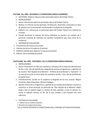 CULTURA 4to. AÑO - SECCIONES: C-D (PROFESORA GRECIA GUERRERO)
ACTIVIDAD: Elaborar máscara sobre personajes típicos del Estado Táchira
INSTRUCCIONES:
1. Buscar información sobre los personajes típicos del Estado Táchira.
2. Realizar un informe escrito (portada, introducción, desarrollo, conclusión) en hoja
de examen con lo encontrado, manteniendo el cuidado de la ortografía.
3. Elaborar una máscara de un personaje típico del Estado Táchira con material de
reciclaje.
4. Pueden presentar la máscara de forma individual, en pareja o en equipos de 3
personas, tratando de realizarla con aquellos compañeros que vivan cerca de su
residencia.
CRITERIOS DE EVALUACIÓN:
1. Presentación de máscara (5 puntos)
2. Informe escrito en el cuaderno (5 puntos)
3. Material utilizado para elaborar la máscara (4 puntos)
4. Defensa de la actividad (4 puntos)
CASTELLANO 4to. AÑO - SECCIONES: A-B-C-D (PROFESORA MONICA MEDINA)
INSTRUCCIONES:
1. Buscar información en libro de castellano y Literatura de la Colección Bicentenario
de 4to. y 5to. año de bachillerato: biografía de autores y fragmentos o capítulos de
las novelas “Don Quijote de la Mancha”, “El Reino de este Mundo” y “Canaima”. Si
es necesario buscar en otros libros de castellano de 4to. ó 5to. año de bachillerato
lo puede hacer.
2. Individualmente: Escribir en el cuaderno la biografía de los tres autores: Miguel
Cervantes, Alejo Carpentier y Rómulo Gallegos.
3. Realizar lectura de un fragmento o capítulo de las novelas para elaborar resumen y
encontrar su tema principal; en particular de “Don Quijote de la Mancha” debes
elegir y leer el capítulo según tu número de lista, ejemplo: si eres el número 11,
leerás el capítulo número 11 (XI: De lo que sucedió a Don Quijote con unos
cabreros)
CRITERIOS DE EVALUACIÓN:
1.- Análisis de las novelas (4 puntos)
2. Revisión de cuaderno (4 puntos)
LOS 12 PUNTOS RESTANTES SE COMPLETARAN CON LA PROXIMA ACTIVIDAD POR ASIGNAR.
 