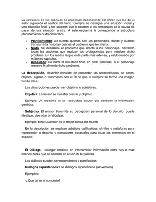 La estructura de los capítulos se presentan dependiendo del orden que les dé el
autor siguiendo el sentido del texto. Siempre se distingue una situación inicial y
una situación final, y los sucesos que le ocurren a los personajes es la causa de
pasar de una situación a otra. A este esquema le corresponde la estructura
planteamiento-nudo-desenlace.
 Planteamiento: Se cuenta quiénes son los personajes, dónde y cuándo
transcurre la historia y cuál es el problema que les afecta.
 Nudo: Se desarrolla el problema que afecta a los personajes, narrando
todas las acciones que realizan los protagonistas para resolver dicho
problema. En los relatos largos es la parte más extensa, y está formado por
múltiples capítulos.
 Desenlace: Se narra el resultado final, en otras palabras, si el personaje
resuelve finalmente dicho problema.
La descripción, describir consiste en presentar las características de seres,
objetos, lugares o fenómenos con el fin de que el receptor se forme una imagen
fiel de ellos.
Las descripciones pueden ser objetivas o subjetivas:
Objetiva: El emisor se muestra preciso y objetivo
Ejemplo: Un crosoma es la estructura celular que contiene la información
genética.
Subjetiva: El emisor transmite su percepción personal de lo descrito; puede
idealizar, degradar o ridiculizar.
Ejemplo: Blind Guardian es la mejor banda del mundo
En la descripción se emplean adjetivos calificativos, símiles y metáforas para
representar lo descrito y marcadores espaciales para situar los elementos en el
espacio.
El Diálogo, dialogar consiste en intercambiar información entre dos o más
interlocutores que se alternan en el uso de la palabra.
Los diálogos pueden ser espontáneos o planificados:
Diálogos espontáneos: Los diálogos espontáneos (conversión)
Ejemplos:
-¿Que tal en el concierto?
 