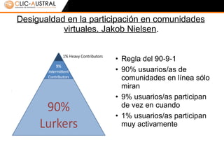 Desigualdad en la participación en comunidades virtuales. Jakob Nielsen . Regla del 90-9-1 90% usuarios/as de comunidades en línea sólo miran 9% usuarios/as participan de vez en cuando 1% usuarios/as participan muy activamente 
