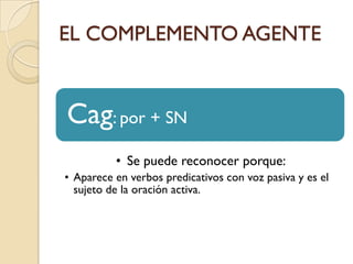 EL COMPLEMENTO AGENTE


Cag: por + SN
          • Se puede reconocer porque:
• Aparece en verbos predicativos con voz pasi...