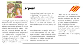 Legend
According to legend, there was a terrifying
dragon located in the village of Montblanc,
south-west of Barcelona. The dragon was
always hungry, so the people in the village
gave him one animal a day to keep it from
attacking the village. However, one day
the dragon ate the last of the animals, and
then it started eating the people of the
village too. In order to satisfy the hunger of
the dragon, the people of the village
decided to randomly chose a person every
day to be sacrificed to the beast.
One day the princess’ name came up,
and although that made the King very
sad, he sent her to the dragon. But just
when the dragon was about to eat the
princess, a brave and handsome knight,
known as Sant Jordi, rode into town and
killed the beast with his spear, saving her
life.
From the blood of the dragon, there grew
a rose bush, and Sant Jordi took a red
rose and gave it to the princess as a sign
of his love. Everybody in the village was
very happy the dragon was dead and
they lived pacefully ever after
This is why on Sant Jordi’s Day
men give a rose to their loved ones
(usually girlfriend or wife, and also
to mother and sisters). Thousands
of roses are sold on Sant Jordi’s
Day, and although they are
traditionally red, you can buy them
in all kinds of colours (and prices!).
Traditionally, the rose always
comes with a wheatear and a
catalan flag either on the wrapping
or the ribbon.
 