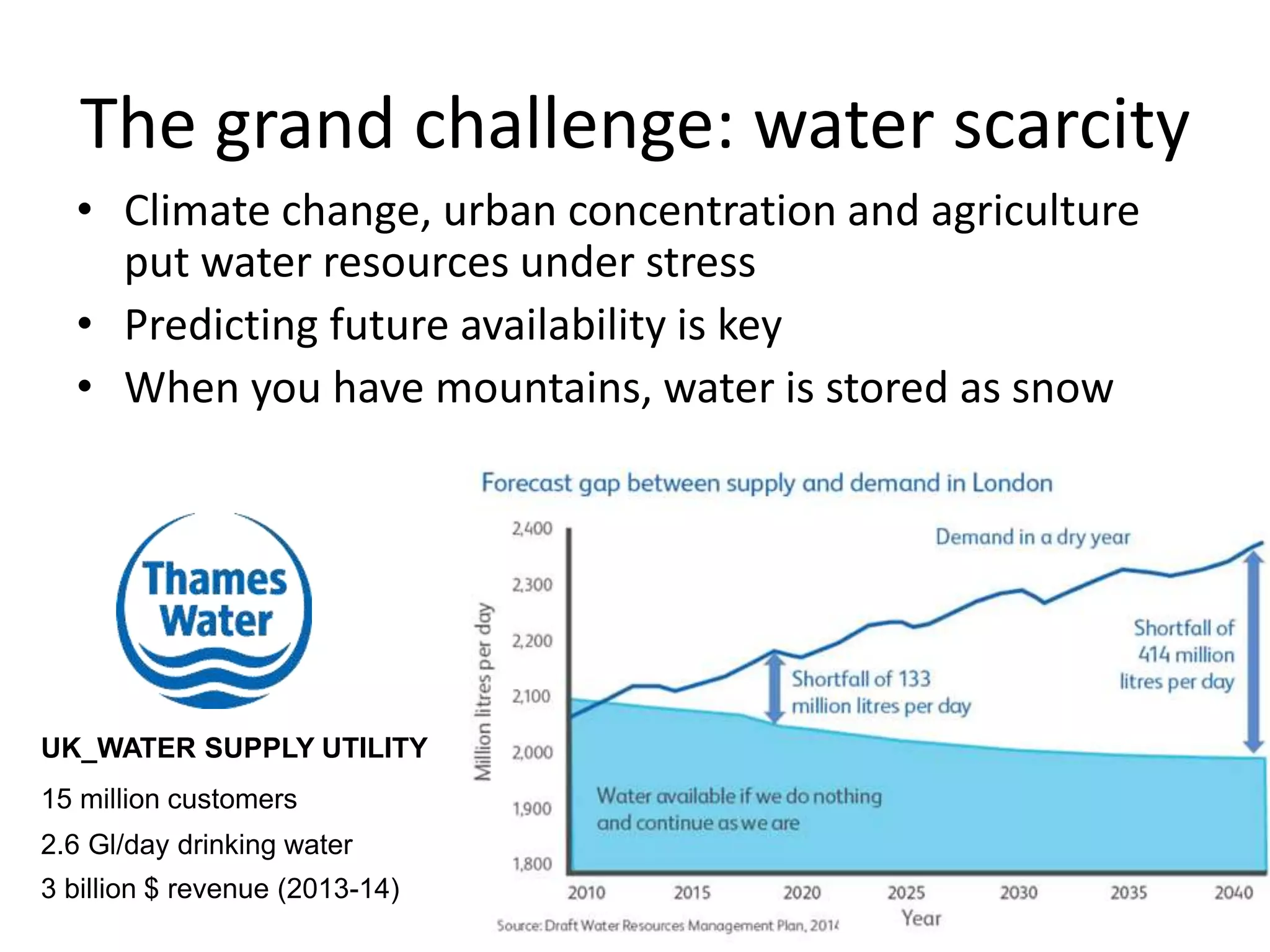 The grand challenge: water scarcity
• Climate change, urban concentration and agriculture
put water resources under stress
• Predicting future availability is key
• When you have mountains, water is stored as snow
UK_WATER SUPPLY UTILITY
15 million customers
2.6 Gl/day drinking water
3 billion $ revenue (2013-14)
 