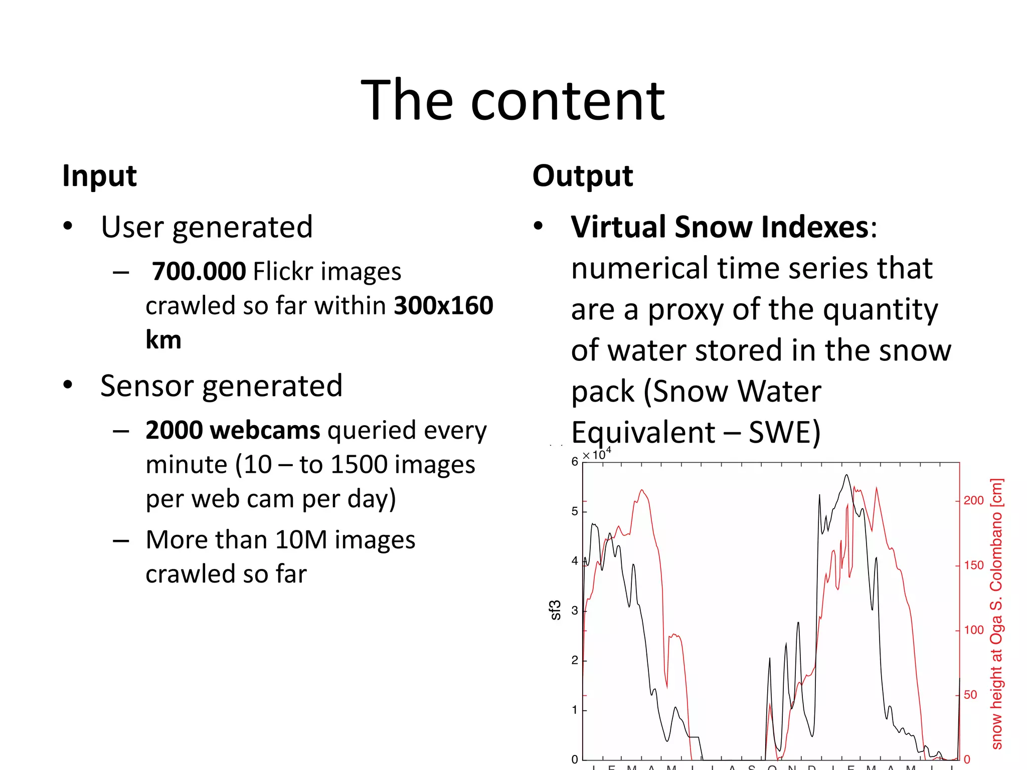 The content
Input
• User generated
– 700.000 Flickr images
crawled so far within 300x160
km
• Sensor generated
– 2000 webcams queried every
minute (10 – to 1500 images
per web cam per day)
– More than 10M images
crawled so far
Output
• Virtual Snow Indexes:
numerical time series that
are a proxy of the quantity
of water stored in the snow
pack (Snow Water
Equivalent – SWE)
 
