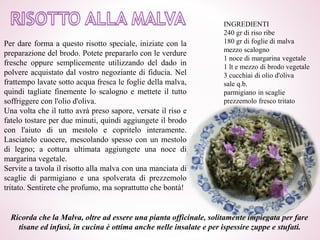 Per dare forma a questo risotto speciale, iniziate con la
preparazione del brodo. Potete prepararlo con le verdure
fresche oppure semplicemente utilizzando del dado in
polvere acquistato dal vostro negoziante di fiducia. Nel
frattempo lavate sotto acqua fresca le foglie della malva,
quindi tagliate finemente lo scalogno e mettete il tutto
soffriggere con l'olio d'oliva.
Una volta che il tutto avrà preso sapore, versate il riso e
fatelo tostare per due minuti, quindi aggiungete il brodo
con l'aiuto di un mestolo e copritelo interamente.
Lasciatelo cuocere, mescolando spesso con un mestolo
di legno; a cottura ultimata aggiungete una noce di
margarina vegetale.
Servite a tavola il risotto alla malva con una manciata di
scaglie di parmigiano e una spolverata di prezzemolo
tritato. Sentirete che profumo, ma soprattutto che bontà!
Ricorda che la Malva, oltre ad essere una pianta officinale, solitamente impiegata per fare
tisane ed infusi, in cucina è ottima anche nelle insalate e per ispessire zuppe e stufati.
INGREDIENTI
240 gr di riso ribe
180 gr di foglie di malva
mezzo scalogno
1 noce di margarina vegetale
1 lt e mezzo di brodo vegetale
3 cucchiai di olio d'oliva
sale q.b.
parmigiano in scaglie
prezzemolo fresco tritato
 