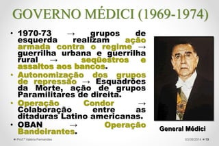 19
13 dos 15 Militantes trocados pelo embaixador norte
americano no 7 de setembro de 1969. Ao todo, 115 presos
foram libertados em troca de diplomatas sequestrados.
27/09/2015Prof.ª Valéria Fernandes
 