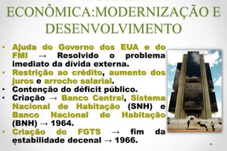 • Ajuda do Governo dos EUA e do
FMI → Resolvido o problema
imediato da dívida externa.
• Restrição ao crédito, aumento dos
juros e arrocho salarial.
• Contenção do déficit público.
• Criação → Banco Central, Sistema
Nacional de Habitação (SNH) e
Banco Nacional de Habitação
(BNH) → 1964.
• Criação do FGTS → fim da
estabilidade decenal → 1966.
ECONÔMICA:MODERNIZAÇÃO E
DESENVOLVIMENTO
 