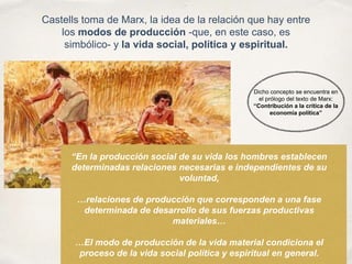 Castells toma de Marx, la idea de la relación que hay entre
los modos de producción -que, en este caso, es
simbólico- y la vida social, política y espiritual.
“En la producción social de su vida los hombres establecen
determinadas relaciones necesarias e independientes de su
voluntad,
…relaciones de producción que corresponden a una fase
determinada de desarrollo de sus fuerzas productivas
materiales…
…El modo de producción de la vida material condiciona el
proceso de la vida social política y espiritual en general.
Dicho concepto se encuentra en
el prólogo del texto de Marx:
“Contribución a la crítica de la
economía política”
 