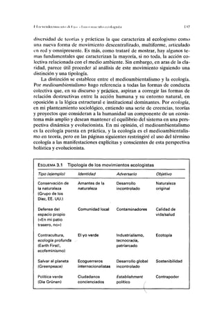 I I i'fvmli'i'iiiiiriilii ili-l yo i-I IIIIIX Mínenlo ii< >loj',is(;i I (7
diversidad de teorías y prácticas la que caracteriza al ecologismo como
una nueva forma de movimiento descentralizado, multiforme, articulado
en red y omnipresente. Es más, como trataré de mostrar, hay algunos te-
mas fundamentales que caracterizan la mayoría, si no toda, la acción co-
lectiva relacionada con el medio ambiente. Sin embargo, en aras de la cla-
ridad, parece útil proceder al análisis de este movimiento siguiendo una
distinción y una tipología.
La distinción se establece entre el medioambientalismo y la ecología.
Por medioambientalismo hago referencia a todas las formas de conducta
colectiva que, en su discurso y práctica, aspiran a corregir las formas de
relación destructivas entre la acción humana y su entorno natural, en
oposición a la lógica estructural e institucional dominantes. Por ecología,
en mi planteamiento sociológico, entiendo una serie de creencias, teorías
y proyectos que consideran a la humanidad un componente de un ecosis-
tema más amplio y desean mantener el equilibrio del sistema en una pers-
pectiva dinámica y evolucionista. En mi opinión, el medioambientalismo
es la ecología puesta en práctica, y la ecología es el medioambientalis-
mo en teoría, pero en las páginas siguientes restringiré el uso del término
ecología a las manifestaciones explícitas y conscientes de esta perspectiva
holística y evolucionista.
ESQUEMA 3.1 Tipología de los movimientos ecologistas
Tipo (ejemplo)
Conservación de
la naturaleza
(Grupo de los
Diez, EE. UU.)
Defensa del
espacio propio
(«En mi patio
trasero, no»)
Contracultura,
ecología profunda
(Earth First!,
ecofeminismo)
Salvar al planeta
(Greenpeace)
Política verde
(Die Gruñen)
Identidad
Amantes de la
naturaleza
Comunidad local
El yo verde
Ecoguerreros
internacionalistas
Ciudadanos
concienciados
Adversario
Desarrollo
incontrolado
Contaminadores
Industrialismo,
tecnocracia,
patriarcado
Desarrollo global
incontrolado
Establishment
político /
Objetivo
Naturaleza
original
Calidad de
vida/salud
Ecotopía
Sostenibilidad
Contrapoder
 