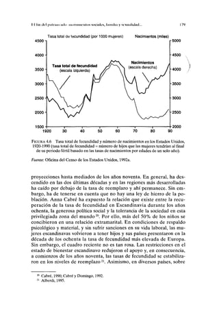 II lili deI piíliiaiciiilii tiioviiiiit'iilos sociales, hmuli.i y sexualidad...
Tasa total de tecundidad (por 1000 mujeres) Nacimientos (miles)
4500
4000 H
I7l
>
3500
3000
2500
2000
1500
5000
4500
-4000
-3500
3000
-2500
2000
1920
FIGURA 4.6 Tasa total de fecundidad y número de nacimientos en los Estados Unidos,
1920-1990 (tasa total de fecundidad = número de hijos que las mujeres tendrían al final
de su periodo fértil basado en las tasas de nacimientos por edades de un solo año).
Fuente: Oficina del Censo de los Estados Unidos, 1992a.
proyecciones hasta mediados de los años noventa. En general, ha des-
cendido en las dos últimas décadas y en las regiones más desarrolladas
ha caído por debajo de la tasa de reemplazo y ahí permanece. Sin em-
bargo, ha de tenerse en cuenta que no hay una ley de hierro de la po-
blación. Anna Cabré ha expuesto la relación que existe entre la recu-
peración de la tasa de fecundidad en Escandinavia durante los años
ochenta, la generosa política social y la tolerancia de la sociedad en esta
privilegiada zona del mundo20
. Por ello, más del 50% de los niños se
concibieron en una relación extramarital. En condiciones de respaldo
psicológico y material, y sin sufrir sanciones en su vida laboral, las mu-
jeres escandinavas volvieron a tener hijos y sus países presentaron en la
década de los ochenta la tasa de fecundidad más elevada de Europa.
Sin embargo, el cuadro reciente no es tan rosa. Las restricciones en el
estado de bienestar escandinavo redujeron el apoyo y, en consecuencia,
a comienzos de los años noventa, las tasas de fecundidad se estabiliza-
ron en los niveles de reemplazo21
. Asimismo, en diversos países, sobre
20
Cabré, 1990; Cabré y Domingo, 1992.
21
Alberdi, 1995.
 