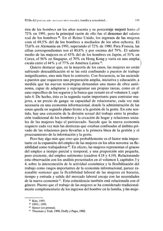 El fin del}>.111 un-mln iiiiiviiiiiriiliis sociales, lamilla y Kcxiiiiliriikl... I')*i
rios de los hombres en los años sesenta y su porcentaje mejoró hasla el
72% en 1991, pero la principal razón de ello fue el descenso del salario
real de los hombres38
. En el Reino Unido, los ingresos de las mujeres
eran el 69,5% del de los hombres a mediados de los años ochenta. El
73,6% en Alemania en 1991, superando el 72% de 1980. Para Francia, las
cifras correspondientes son el 80,8% y por encima del 79%. El salario
medio de las mujeres es el 43% del de los hombres en Japón, el 51% en
Corea, el 56% en Singapur, el 70% en Hong Kong y varía en una amplia
escala entre el 44% y el 77% en América Latina39
.
Quiero destacar que, en la mayoría de los casos, las mujeres no están/
sufriendo descualificación ni se las está confinando a puestos de trabajo
insignificantes, sino más bien lo contrario. Con frecuencia, se las asciende
a puestos que requieren una preparación amplia, iniciativa y educación, a
medida que las nuevas tecnologías demandan una mano de obra autó-
noma, capaz de adaptarse y reprogramar sus propias tareas, como en el
caso específico de los seguros y la banca que resumí en el volumen I, capí-
tulo 4. De hecho, ésta es la segunda razón importante para contratar mu-
jeres, a un precio de ganga: su capacidad de relacionarse, cada vez más
necesaria en una economía informacional, donde la administración de las
cosas queda en segundo plano frente a la gestión de la gente. En este sen-
tido, hay una extensión de la división sexual del trabajo entre la produc-
ción tradicional de los hombres y la creación de hogar y relaciones socia-
les de las mujeres bajo el patriarcado. Sucede que la nueva economía
requiere cada vez más las destrezas que estaban confinadas al ámbito pri-
vado de las relaciones para llevarlas a la primera línea de la gestión y el
procesamiento de la información y la gente.
Pero hay algo más que creo que probablemente es el factor más impor-
tante en la expansión del empleo de las mujeres en los años noventa: su fle-
xibilidad como trabajadoras40
. En efecto, las mujeres representan el grueso
del empleo a tiempo parcial y temporal, y una proporción aún pequeña,
pero creciente, del empleo autónomo (cuadros 4.18 y 4.19). Relacionando
esta observación con los análisis presentados en el volumen I, capítulos 3 y
4, sobre la interconexión de la actividad económica y la flexibilización del
trabajo como rasgos importantes de la economía informacional, parece ra-
zonable sostener que la flexibilidad laboral de las mujeres en horario,
tiempo y entrada y salida del mercado laboral encaja con las necesidades
de la nueva economía41
. Esta coincidencia también está relacionada con el
género. Puesto que el trabajo de las mujeres se ha considerado tradicional-
mente complementario de los ingresos del hombre en la familia, y las muje-
38
Kim, 1993.
39
ONU, 1995.
40
Susser (en prensa).
41
Thurman y Trah, 1990; Duffy y Pupo, 1992.
 