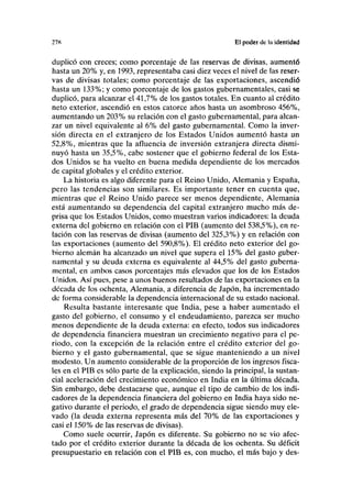 27K El poder de la identidad
duplicó con creces; como porcentaje de las reservas de divisas, aumentó
hasta un 20% y, en 1993, representaba casi diez veces el nivel de las reser-
vas de divisas totales; como porcentaje de las exportaciones, ascendió
hasta un 133%; y como porcentaje de los gastos gubernamentales, casi se
duplicó, para alcanzar el 41,7% de los gastos totales. En cuanto al crédito
neto exterior, ascendió en estos catorce años hasta un asombroso 456%,
aumentando un 203% su relación con el gasto gubernamental, para alcan-
zar un nivel equivalente al 6% del gasto gubernamental. Como la inver-
sión directa en el extranjero de los Estados Unidos aumentó hasta un
52,8%, mientras que la afluencia de inversión extranjera directa dismi-
nuyó hasta un 35,5%, cabe sostener que el gobierno federal de los Esta-
dos Unidos se ha vuelto en buena medida dependiente de los mercados
de capital globales y el crédito exterior.
La historia es algo diferente para el Reino Unido, Alemania y España,
pero las tendencias son similares. Es importante tener en cuenta que,
mientras que el Reino Unido parece ser menos dependiente, Alemania
está aumentando su dependencia del capital extranjero mucho más de-
prisa que los Estados Unidos, como muestran varios indicadores: la deuda
externa del gobierno en relación con el PIB (aumento del 538,5%), en re-
lación con las reservas de divisas (aumento del 325,3%) y en relación con
las exportaciones (aumento del 590,8%). El crédito neto exterior del go-
bierno alemán ha alcanzado un nivel que supera el 15% del gasto guber-
namental y su deuda externa es equivalente al 44,5% del gasto guberna-
mental, en ambos casos porcentajes más elevados que los de los Estados
Unidos. Así pues, pese a unos buenos resultados de las exportaciones en la
década de los ochenta, Alemania, a diferencia de Japón, ha incrementado
de forma considerable la dependencia internacional de su estado nacional.
Resulta bastante interesante que India, pese a haber aumentado el
gasto del gobierno, el consumo y el endeudamiento, parezca ser mucho
menos dependiente de la deuda externa: en efecto, todos sus indicadores
de dependencia financiera muestran un crecimiento negativo para el pe-
riodo, con la excepción de la relación entre el crédito exterior del go-
bierno y el gasto gubernamental, que se sigue manteniendo a un nivel
modesto. Un aumento considerable de la proporción de los ingresos fisca-
les en el PIB es sólo parte de la explicación, siendo la principal, la sustan-
cial aceleración del crecimiento económico en India en la última década.
Sin embargo, debe destacarse que, aunque el tipo de cambio de los indi-
cadores de la dependencia financiera del gobierno en India haya sido ne-
gativo durante el periodo, el grado de dependencia sigue siendo muy ele-
vado (la deuda externa representa más del 70% de las exportaciones y
casi el 150% de las reservas de divisas).
Como suele ocurrir, Japón es diferente. Su gobierno no se vio afec-
tado por el crédito exterior durante la década de los ochenta. Su déficit
presupuestario en relación con el PIB es, con mucho, el más bajo y des-
 